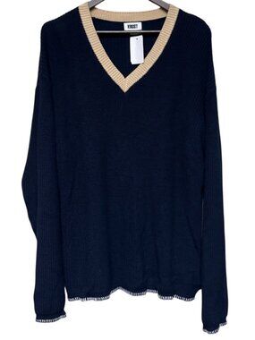 KROST Men's Navy Blue Sweater V-Neck Pull Over Size XL Knit Preppy 100% Cotton